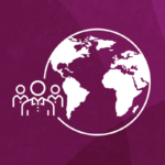 Icon of a group of people next to a globe, representing global community or international collaboration.
