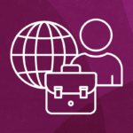 Icon of a globe, person, and briefcase in white line art on a purple background, representing global business or international professional opportunities.