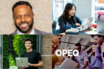 Collage of four images: headshot of a person smiling, individual working on a laptop with stickers, person holding a laptop outdoors, and a diverse group collaborating with "OPEQ" text overlay.